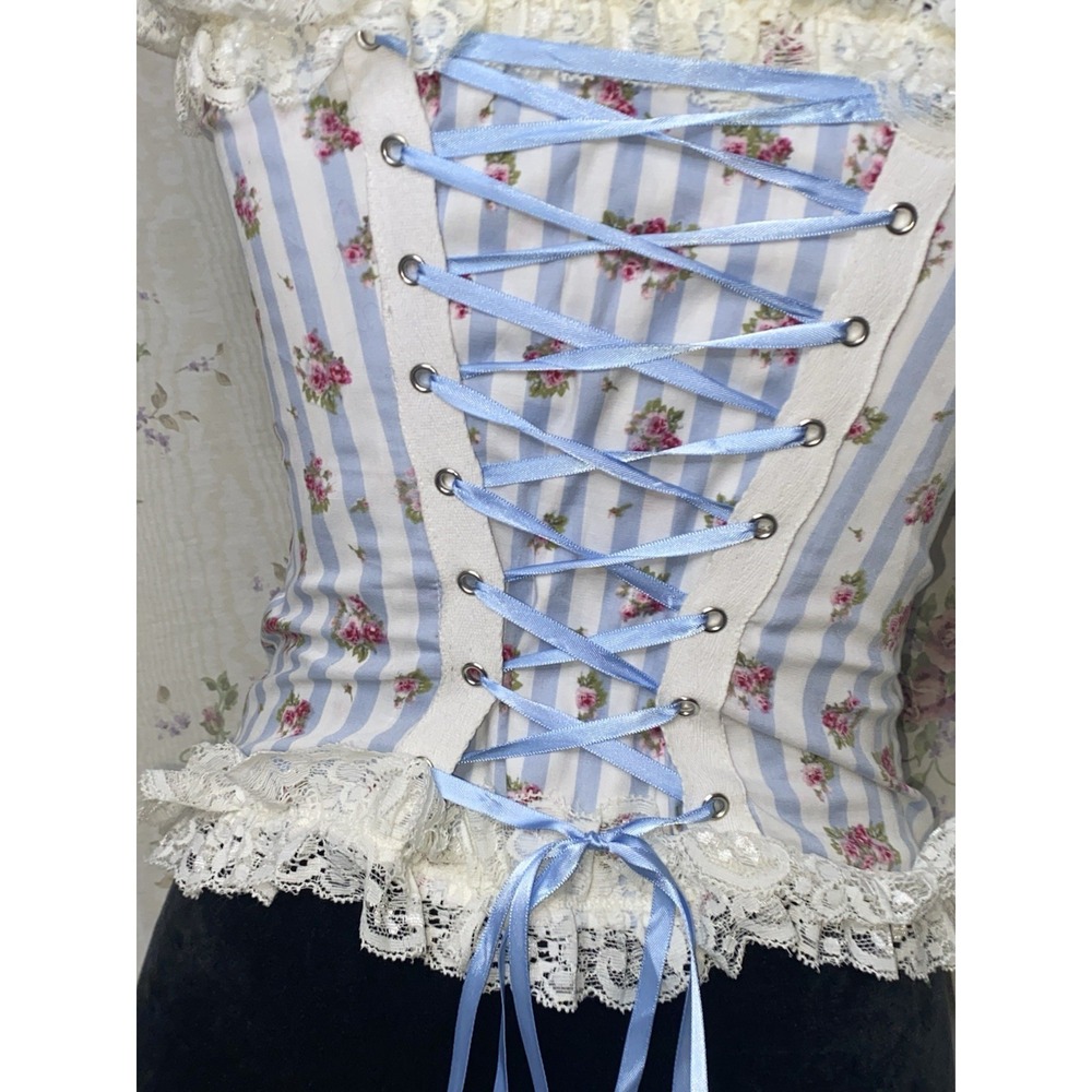 RARE Hell Bunny Corset XS Cottagecore Blue Floral And Lace Velvet Straps - Picture 9 of 15